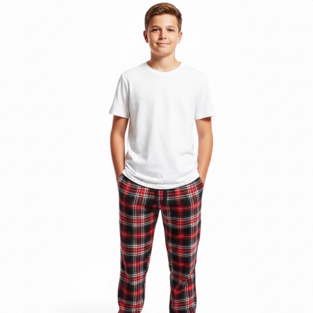 Red Black White.Festive Plaid Flannel Unisex Pajama Pants Girl Boy 14/16 XL